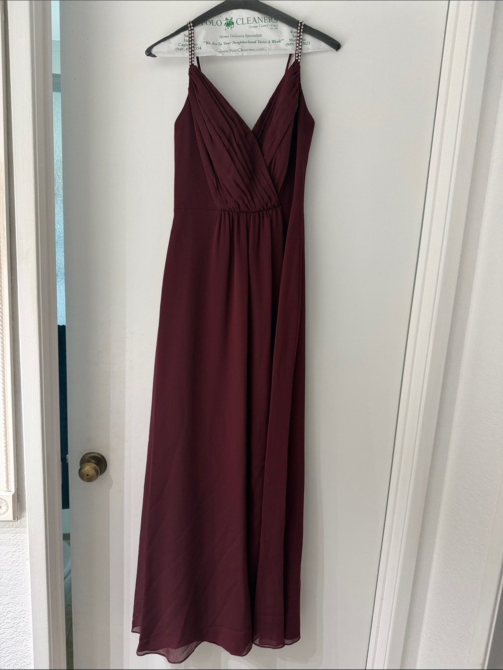 David's Bridal Burgundy V-Neck Chiffon Bridesmaid Gown